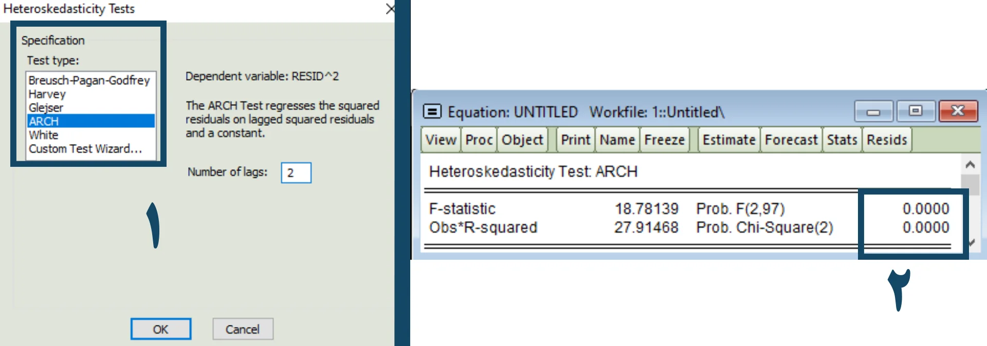 نتیجه آزمون ARCH سری زمانی واریانس ناهمسان